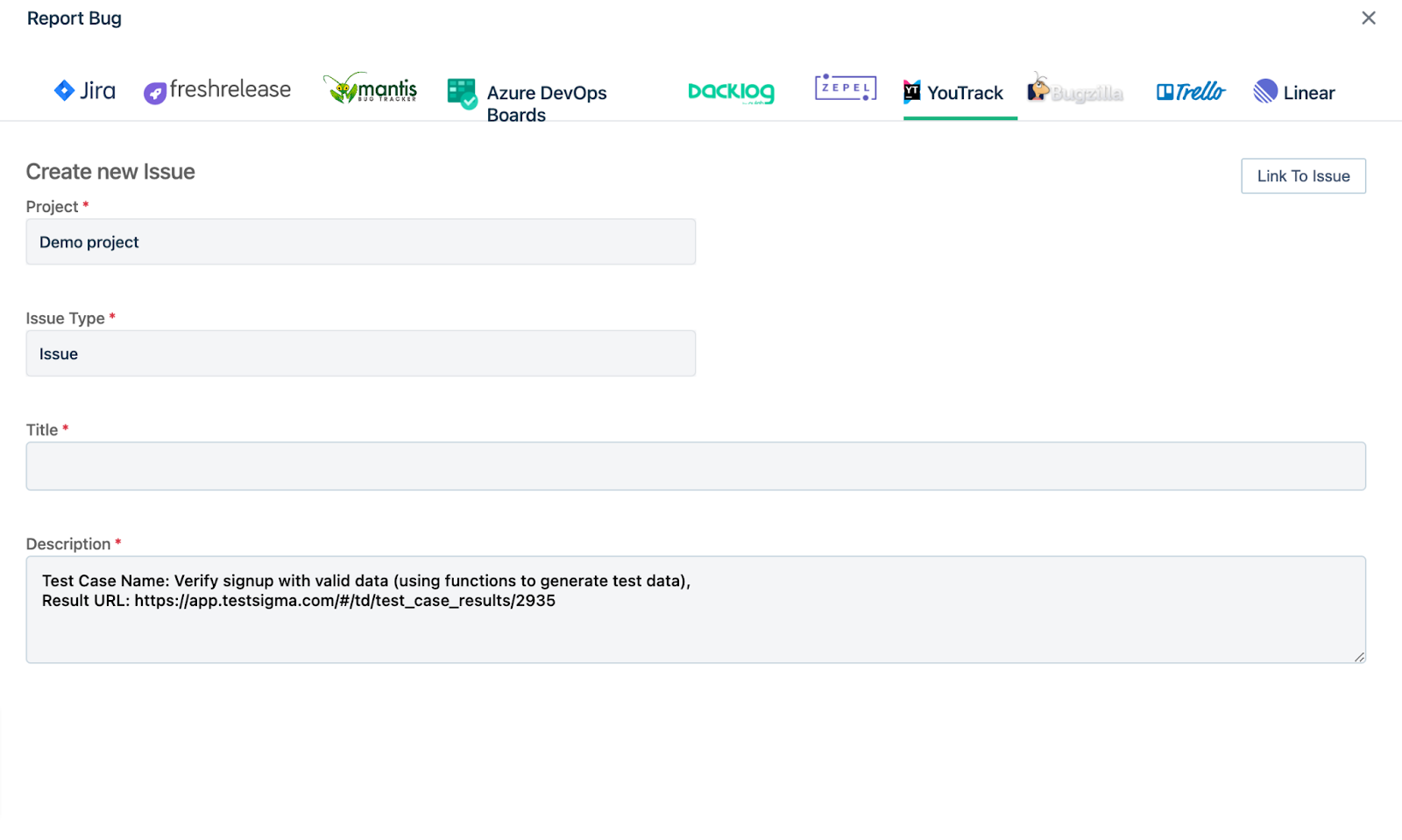 Sample Task reported from Testsigma Bug Reporting Integration in Test Results page