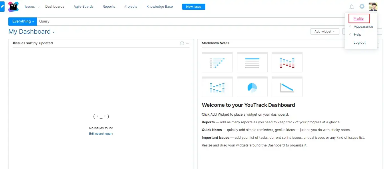 Menu under Profile dropdown on Youtrack Dashboard page