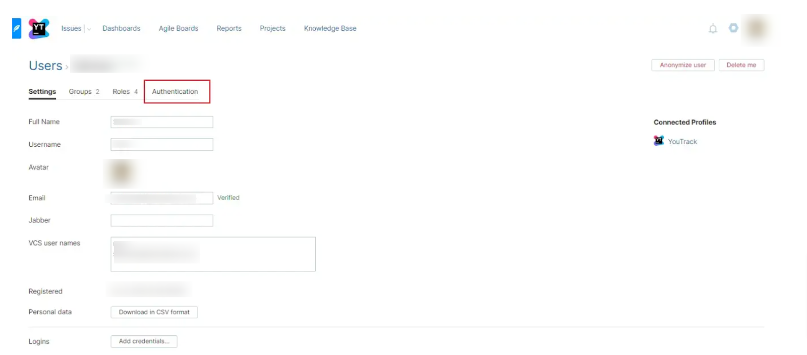 Create new token in Authentication tab under Youtrack users page